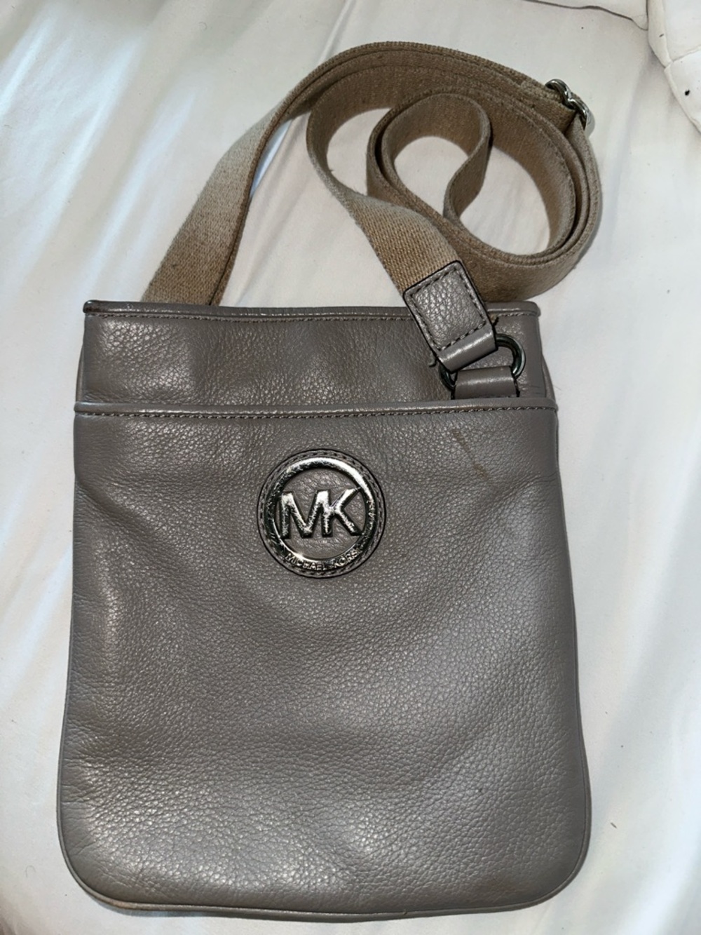 Michael Kors Gray Leather Crossbody with Beige Canvas Strap
